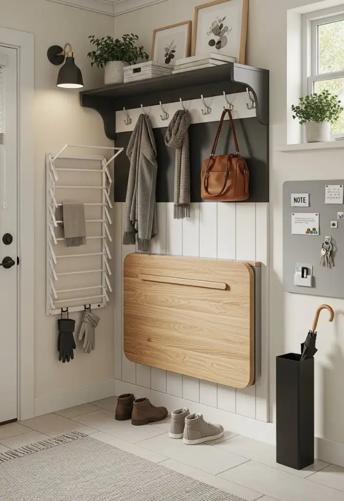 “Small city mudroom with fold-down bench, hooks, drying rack, umbrella stand, and compact storage.”