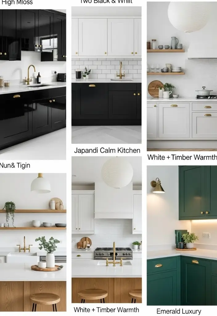 Collage of modern kitchens: black, white, green, timber, and Japandi styles with ambient lighting.