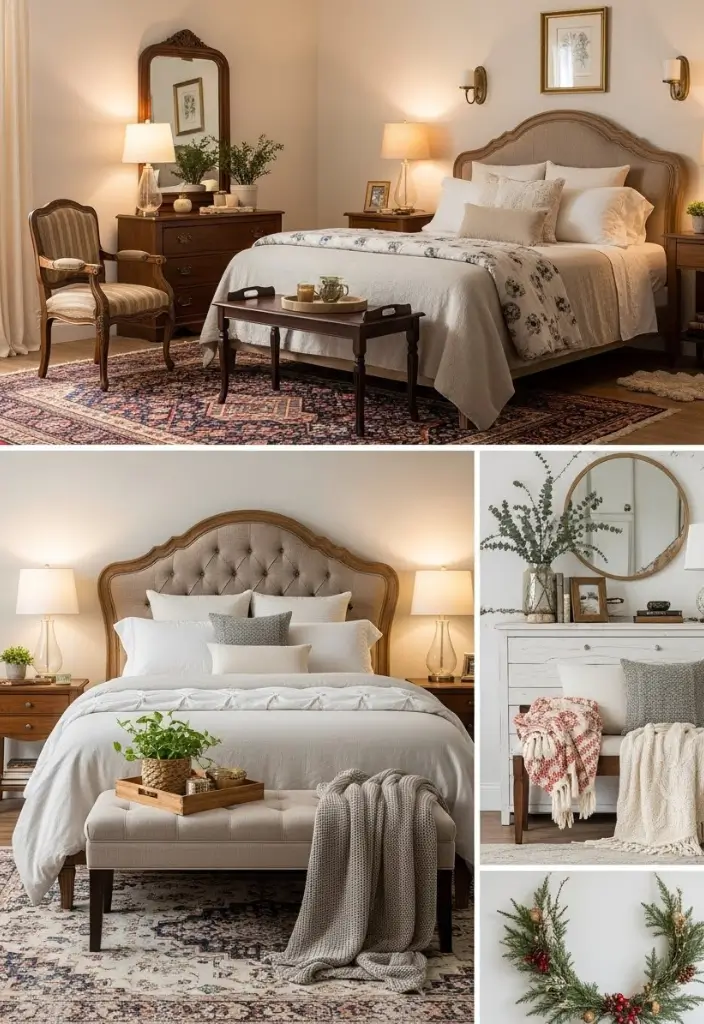 Cozy bedroom with layered rugs, antique-modern furniture, soft bedding, ambient lighting, and personal touches.