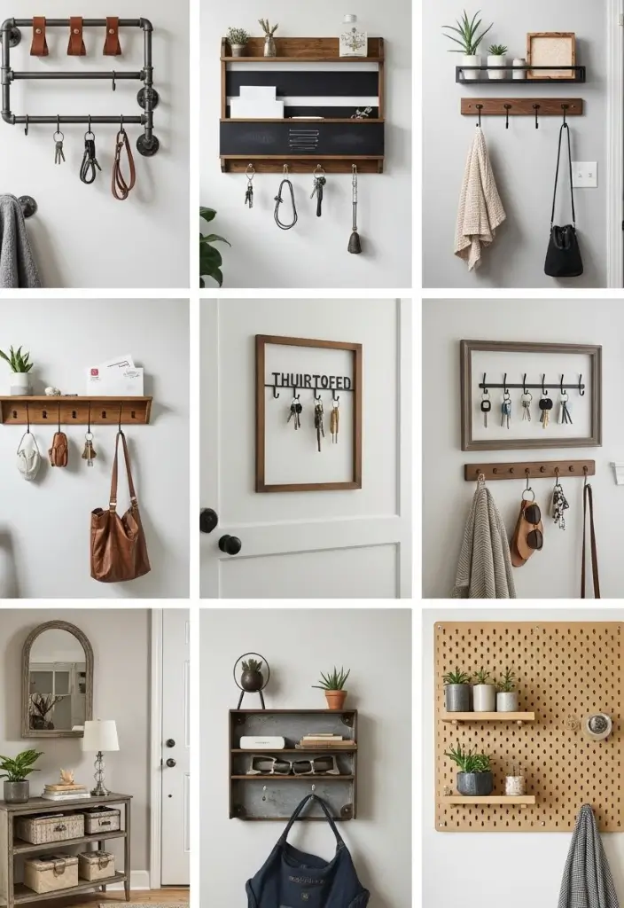 Collage of 8 stylish entryway key holders: industrial, wall-mounted, minimal, and DIY functional ideas.