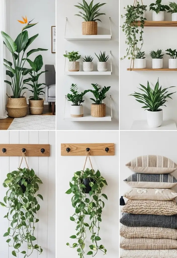 “Collage of indoor plant styling ideas with tall plants, floating shelves, woven pots, and cozy décor.”