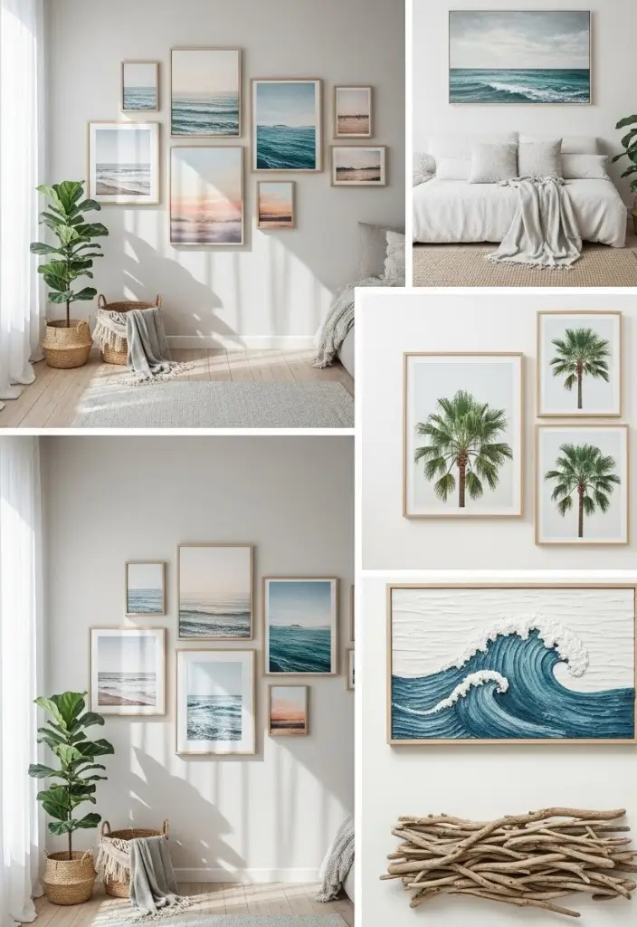“Collage of coastal wall art: ocean prints, sunsets, palm leaves, driftwood, 3D waves, serene décor.”
