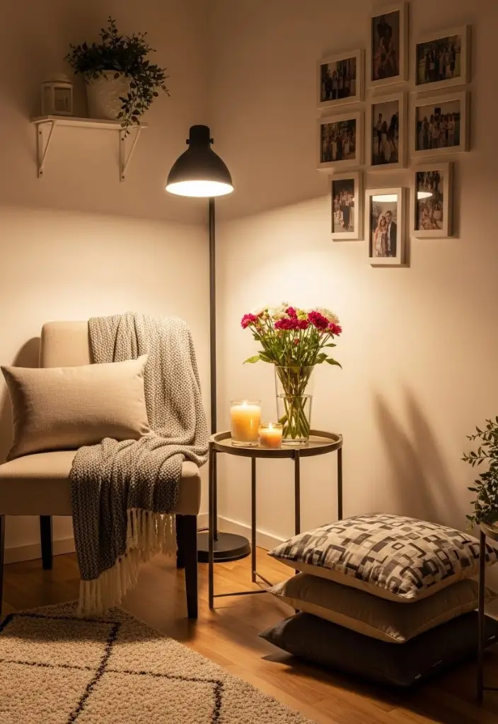 Cozy apartment corner with chair, throw, candle, flowers, and framed photos inspiring weekend upgrades.
