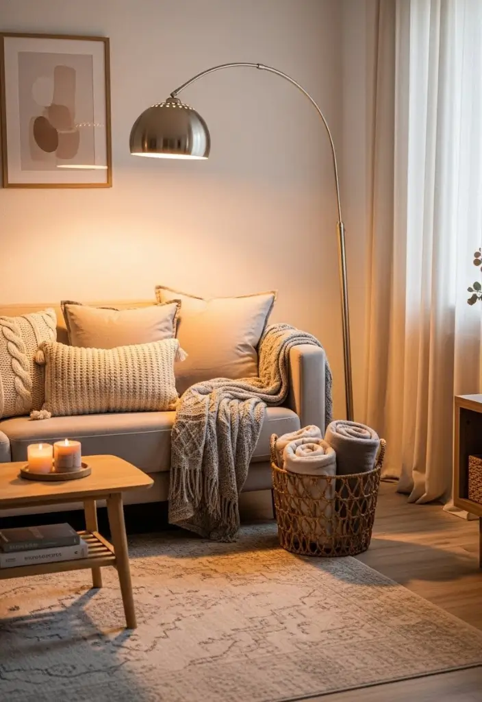 “Cozy living room with neutral sofa, layered pillows, warm lighting, arched lamp, and soft textiles.”