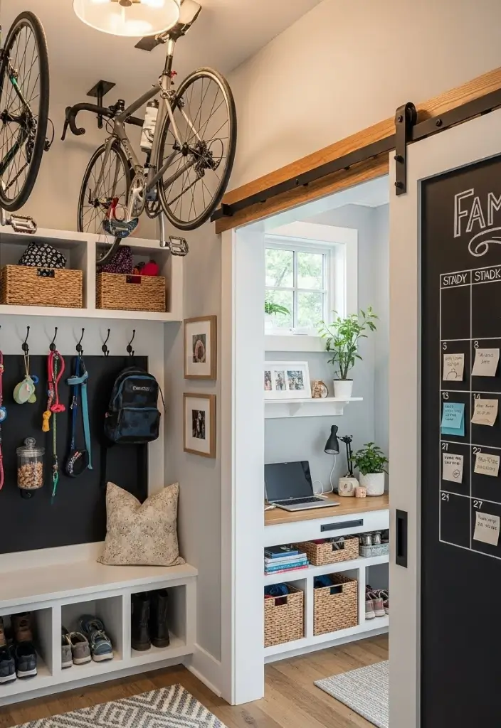 Creative mudroom with ceiling bike hooks, dog leash wall, sliding barn door, bench, calendar, charging station.