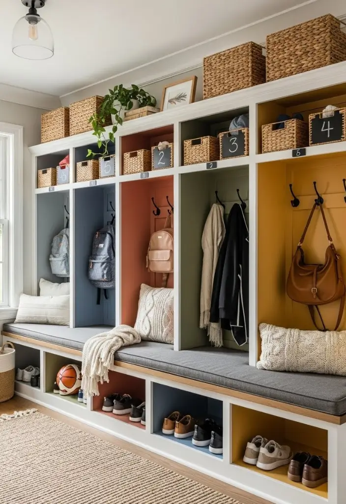 “Colorful family cubby mudroom with labels, hooks, deep storage, bench seating, and warm decor.”
