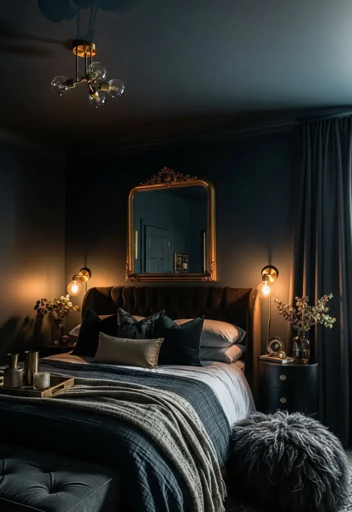 Dark moody bedroom with deep walls, velvet headboard, brass sconces, and a large gold mirror.