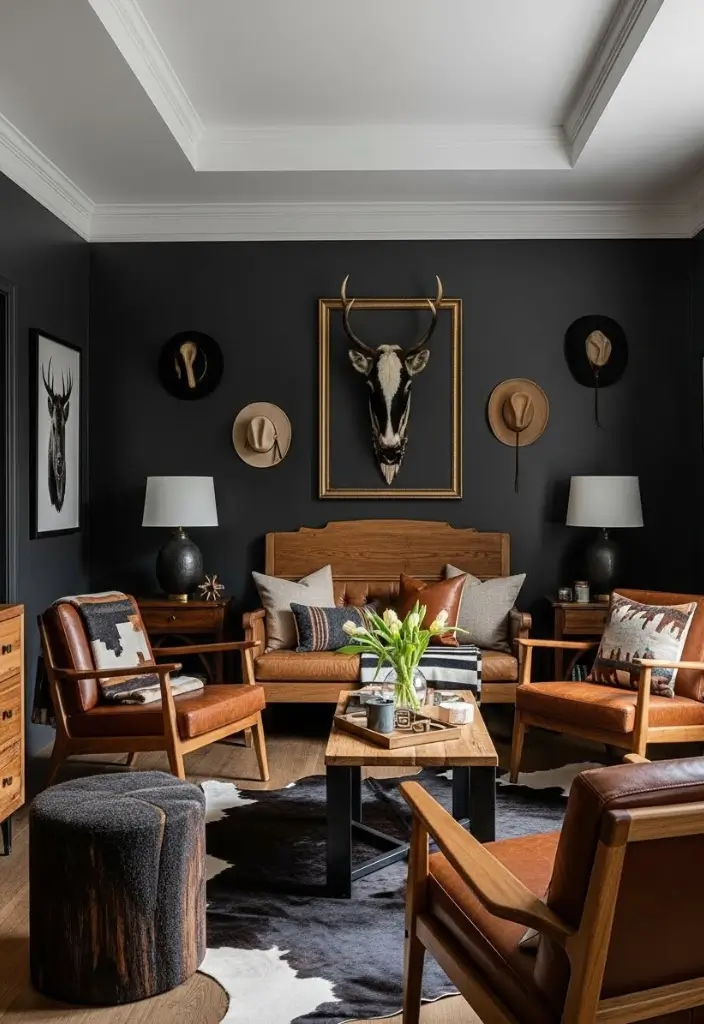 Dark western room with black walls, leather furniture, warm wood, brass accents, and cozy ambient light.