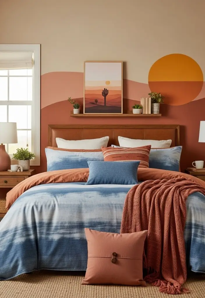 Western bedroom with desert sunset palette—sand, terracotta, denim blue, dusty rose accents and leather.