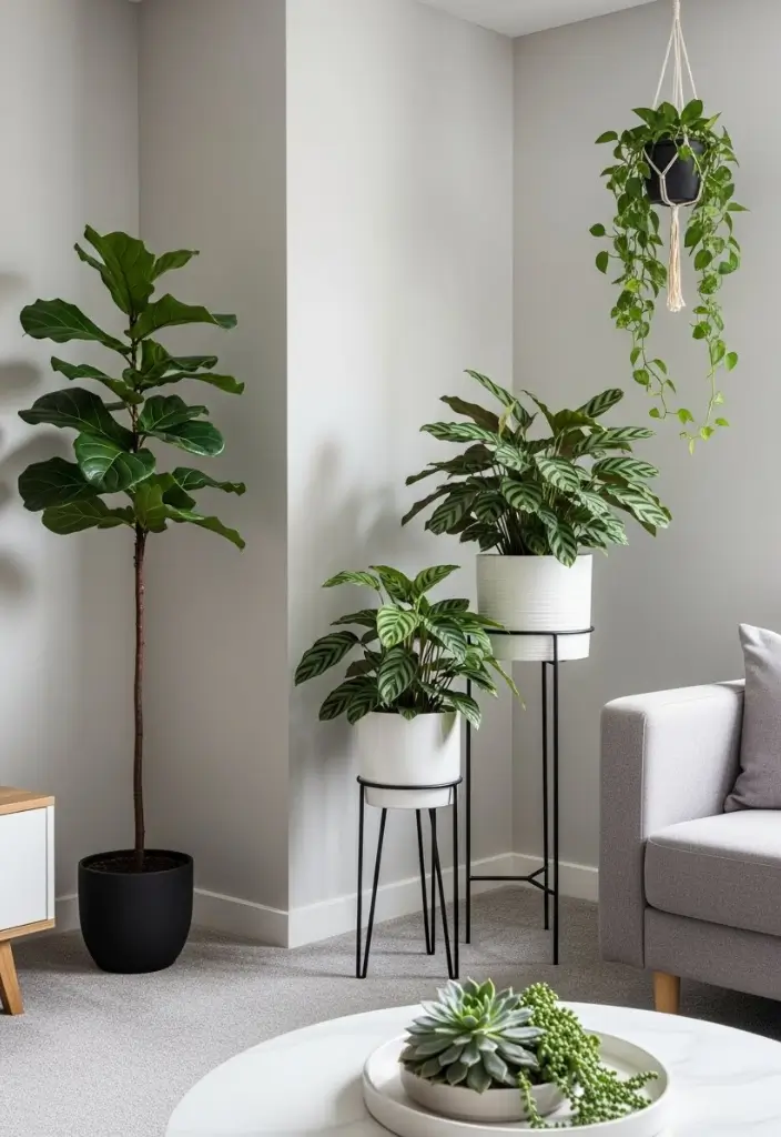 Layered indoor plants with tall fiddle-leaf, medium calathea on stand, and small succulent on table.