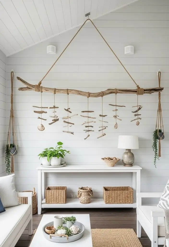 Driftwood wall hanging with thick rope on white wall, beach-inspired natural coastal décor.