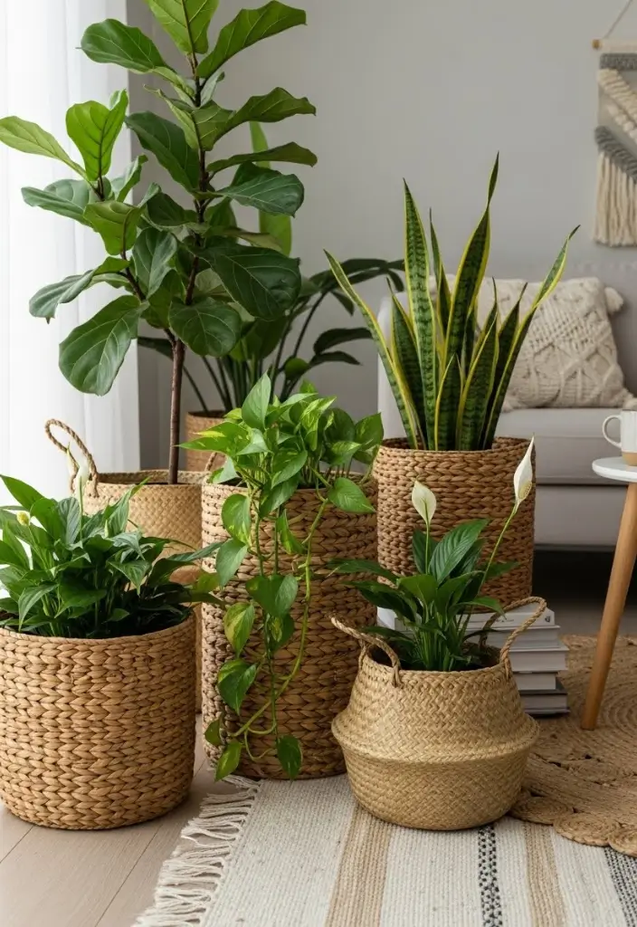 “Indoor plants in seagrass and water-hyacinth baskets, cozy living room, warm textured décor.”