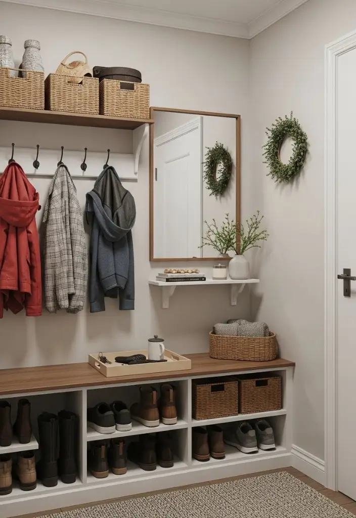 Entryway with bench, shoe cubbies, coat hooks, top shelf baskets, mirror, and organized layout.