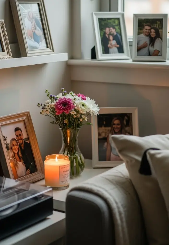 Cozy apartment corner with candle, fresh flowers, photos, and personal touches creating a warm home feel.