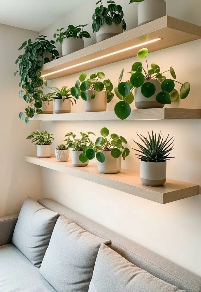 “Three floating shelves above couch with peperomia, pilea, haworthia, clean modern small-space living room.”
