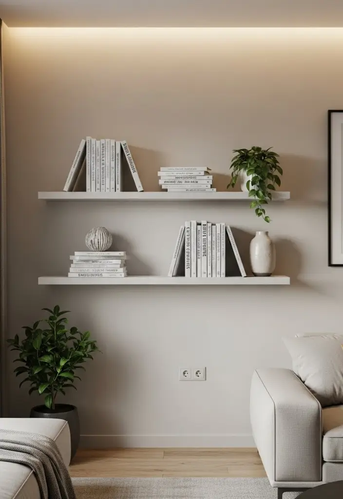 Living room wall with two floating shelves, minimal décor, books, plant, and airy modern styling.