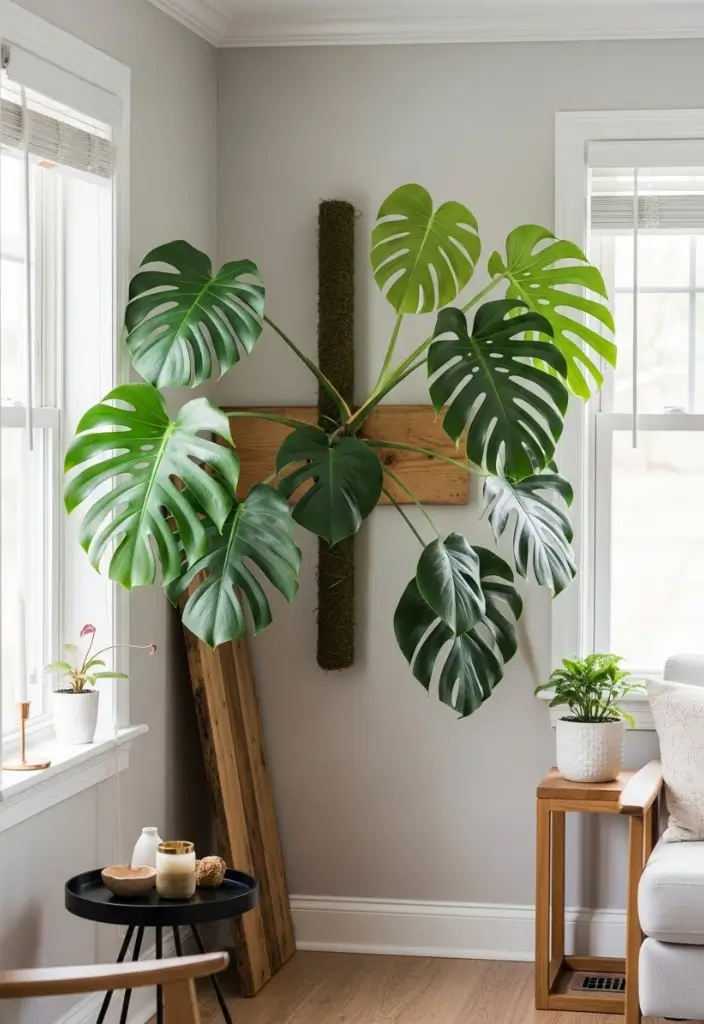“Monstera plant with moss pole leaning on wooden plank, living room corner, clean modern plant décor.”