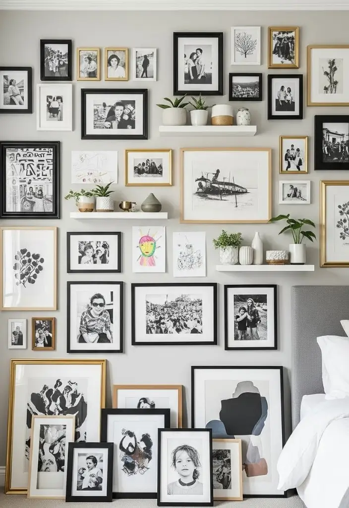 Bedroom gallery wall with mixed frames, floor-to-ceiling layout, shelves, art mix, and leaned frames.