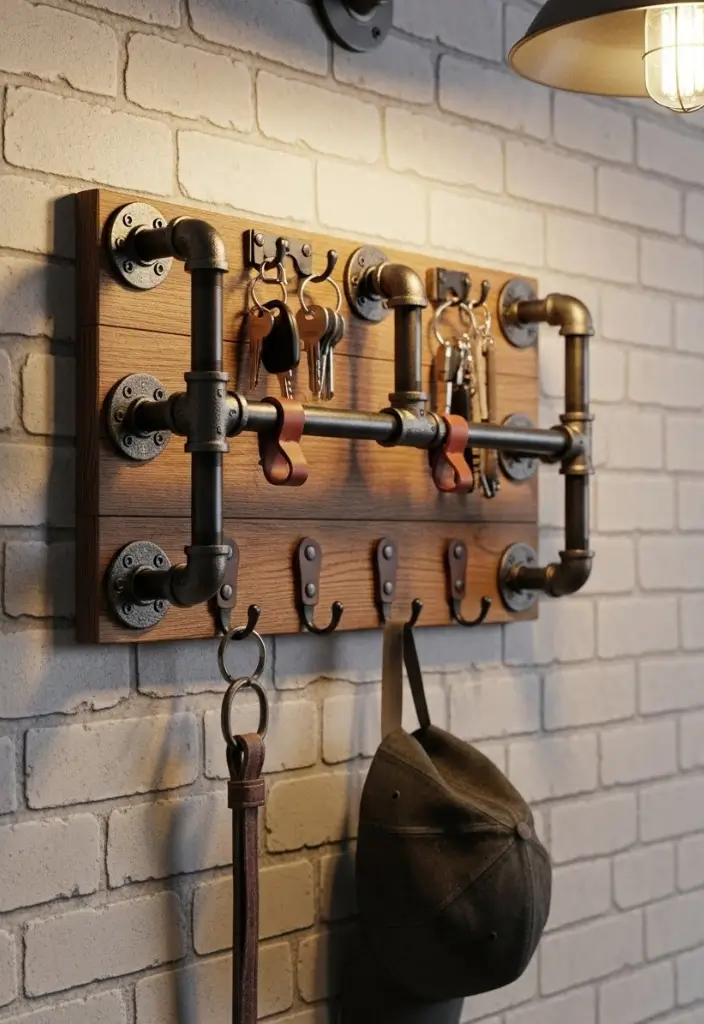 Industrial key rack with metal pipes, wood board, leather accents, holding keys and accessories.