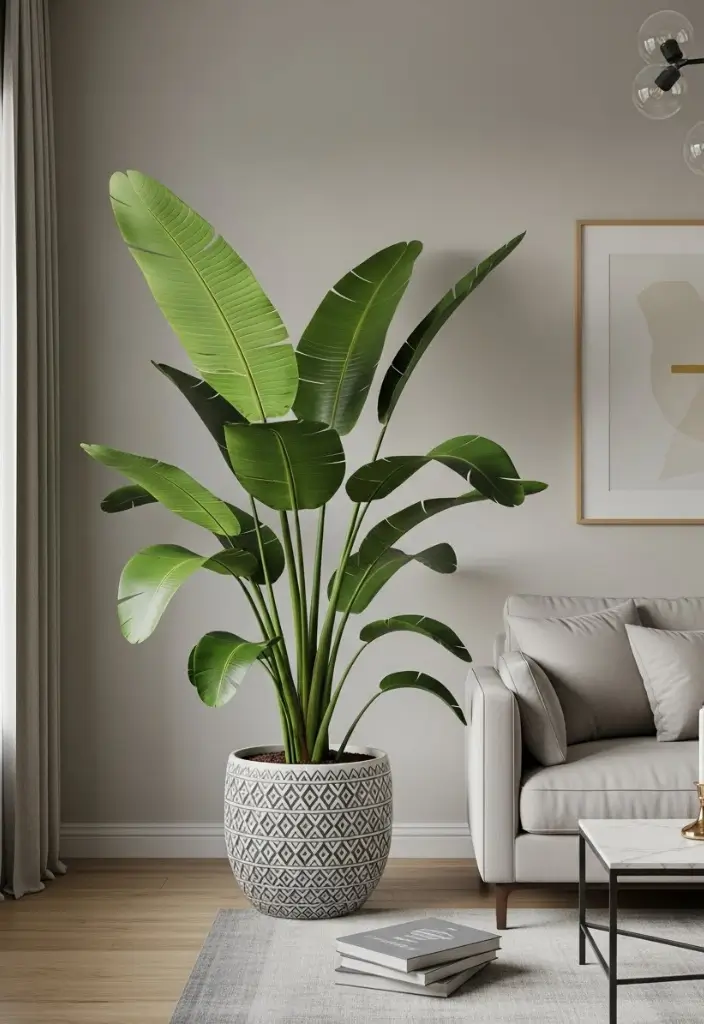 Living room with one oversized monstera or bird of paradise beside sofa, bold statement greenery.