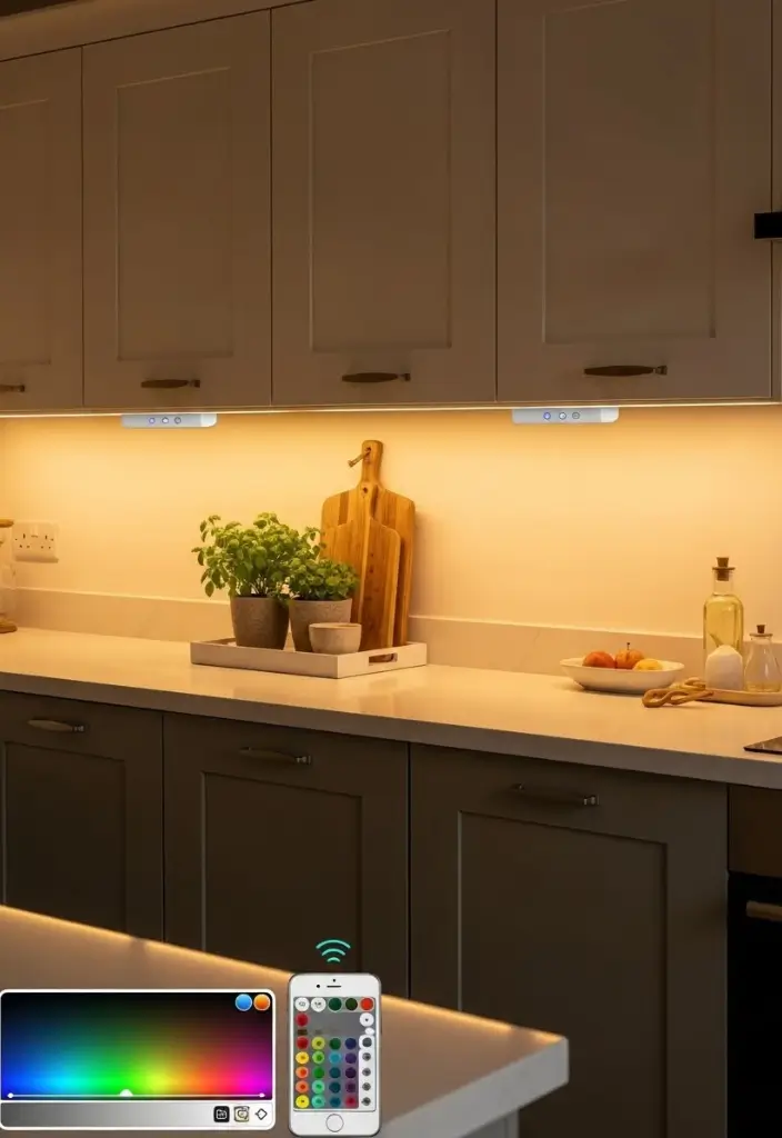 Kitchen with warm LED under-cabinet lighting, neutral cabinetry, dimmable glow, and modern accents.