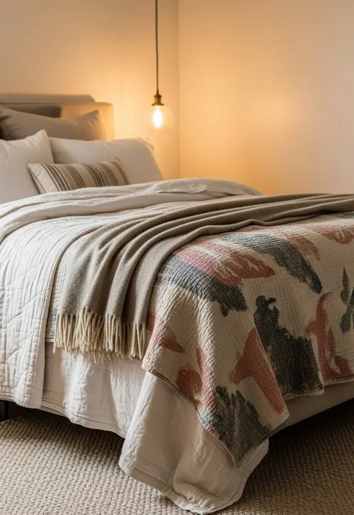 “Bedroom bed layered with linen sheets, quilted coverlet, wool throw, faded kantha quilt, neutral tones.”