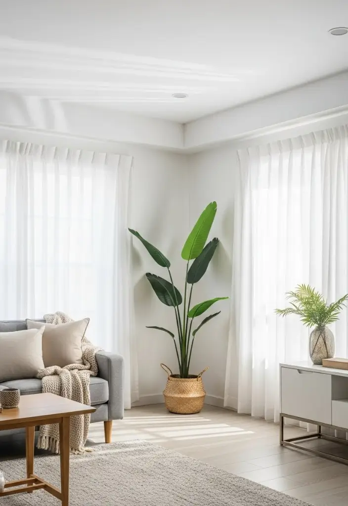 “Tall slim floor plant in a woven basket brightens a modern living room and makes the space feel taller.”