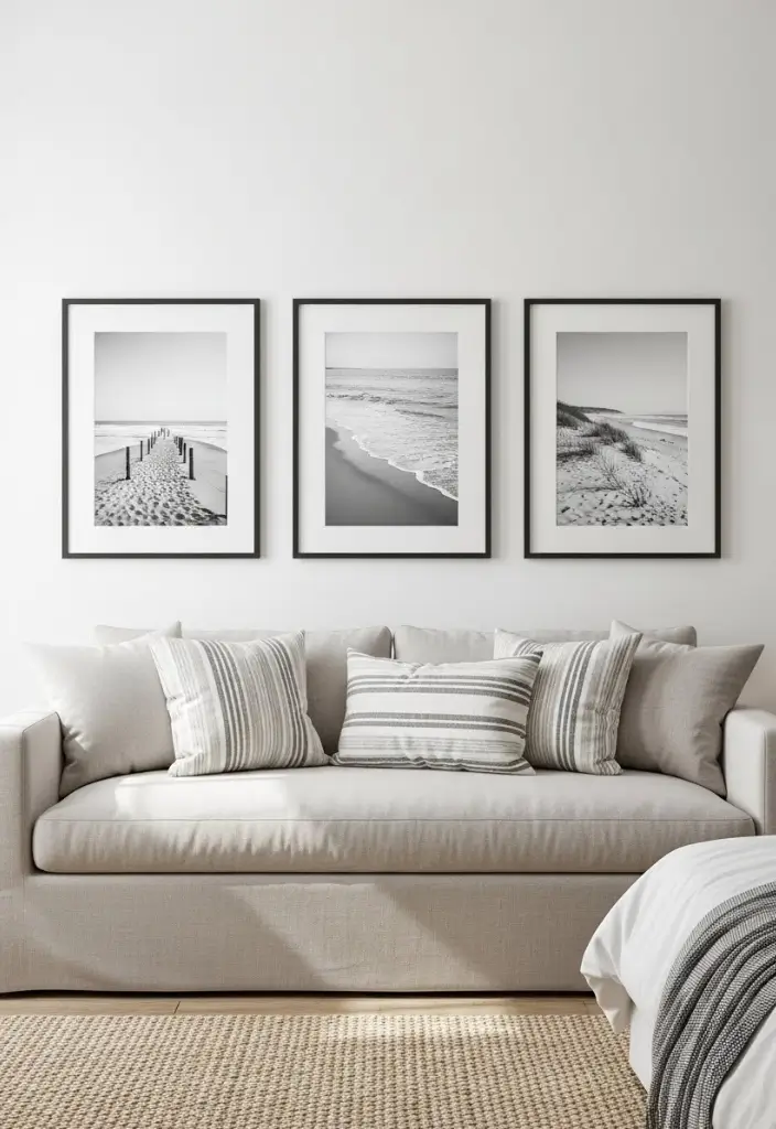 “Three black-and-white beach photos above sofa or bed, minimalist coastal wall décor, crisp and calm.”