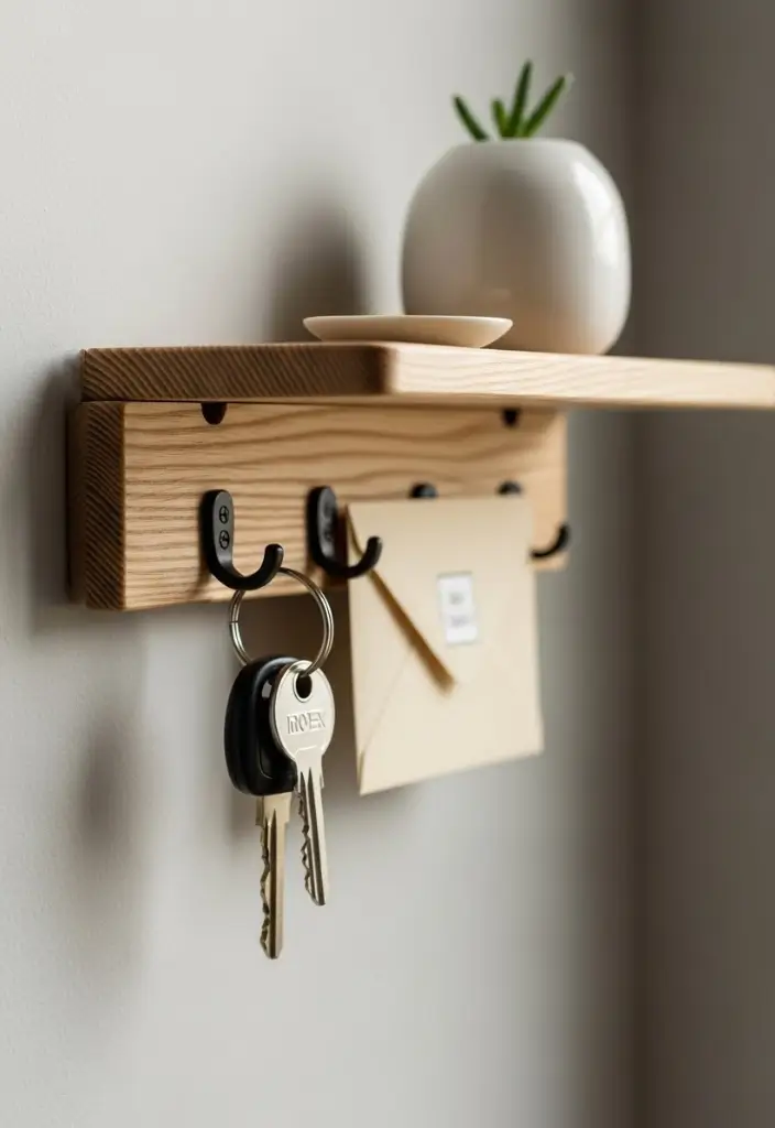 “Minimalist floating wooden key shelf with hidden hooks, small plant on top, clean modern entryway.”