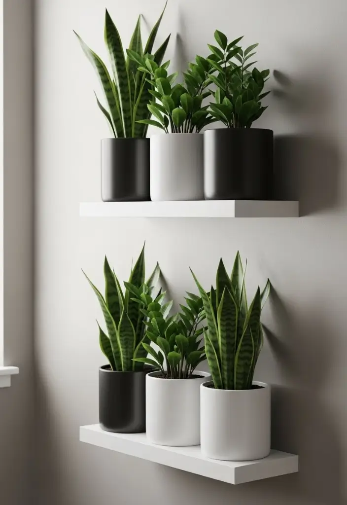 “Three floating shelves with identical black and white pots holding snake and ZZ plants, modern minimalist.”