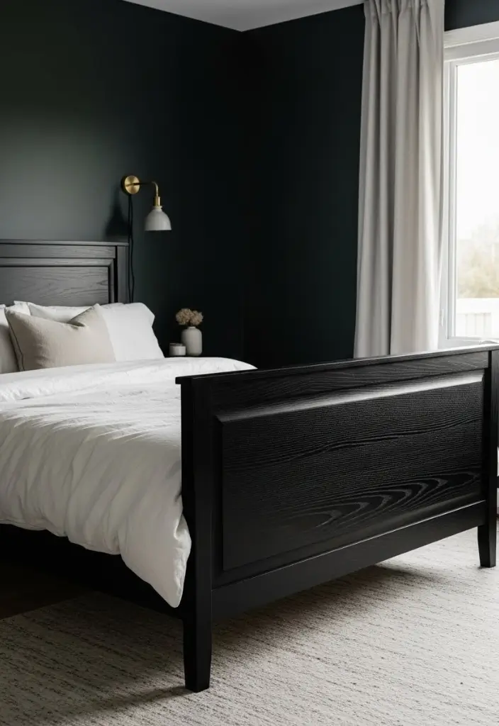 “Bedroom with dark Victorian bed, black or forest walls, white bedding, brass accents, minimal décor.”