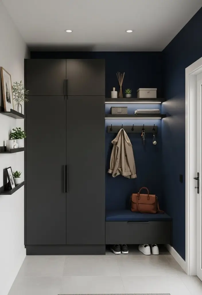 Modern mudroom with matte black cabinets, navy accent wall, hidden bench, LED lighting, and sleek design.