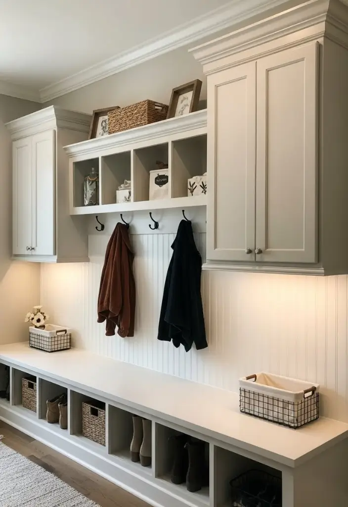 Mudroom built-in cabinets with shaker doors, beadboard backing, crown molding, and unified paint color.