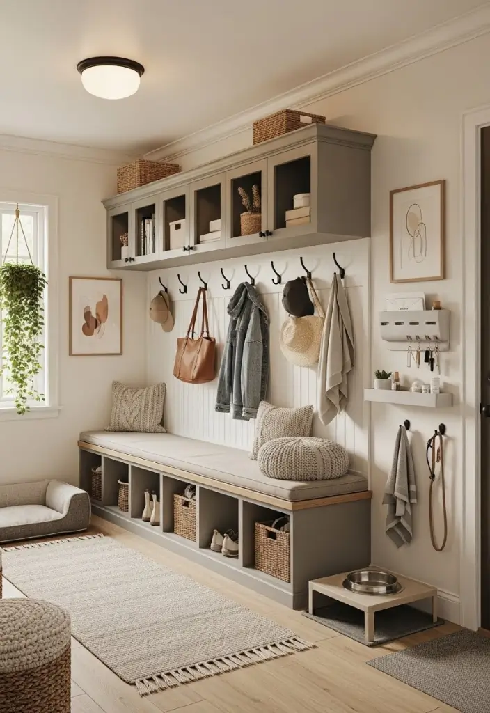 “Mudroom with L-shaped layout, bench, hooks, cubbies, dog corner, and organized landing zone.”