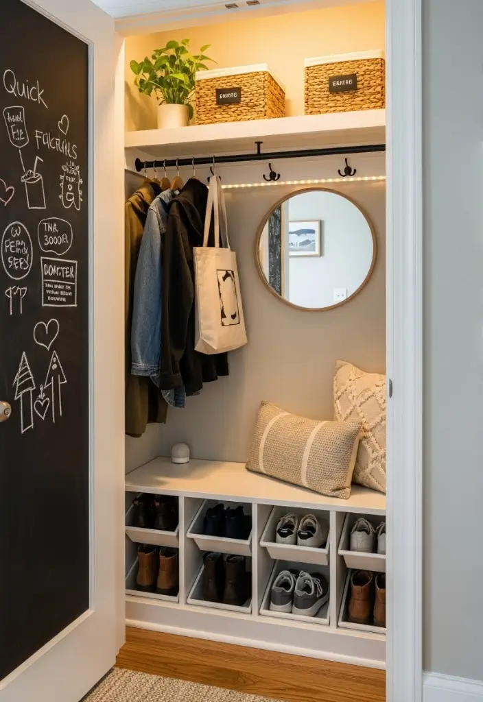 Closet mudroom with bench, pull-out shoe trays, double coat rods, mirror, LED light, chalkboard door.
