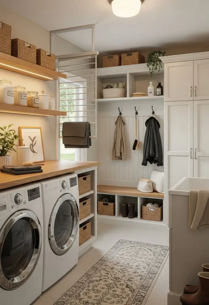 “Combined mudroom-laundry with counter, drying rack, utility sink, bench, and warm modern storage.”