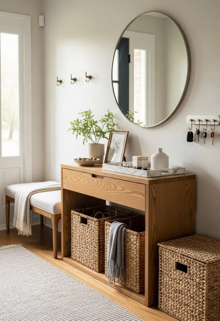 Slim console entry with round mirror, bench, key tray, hidden mail storage, low rug, and woven baskets.