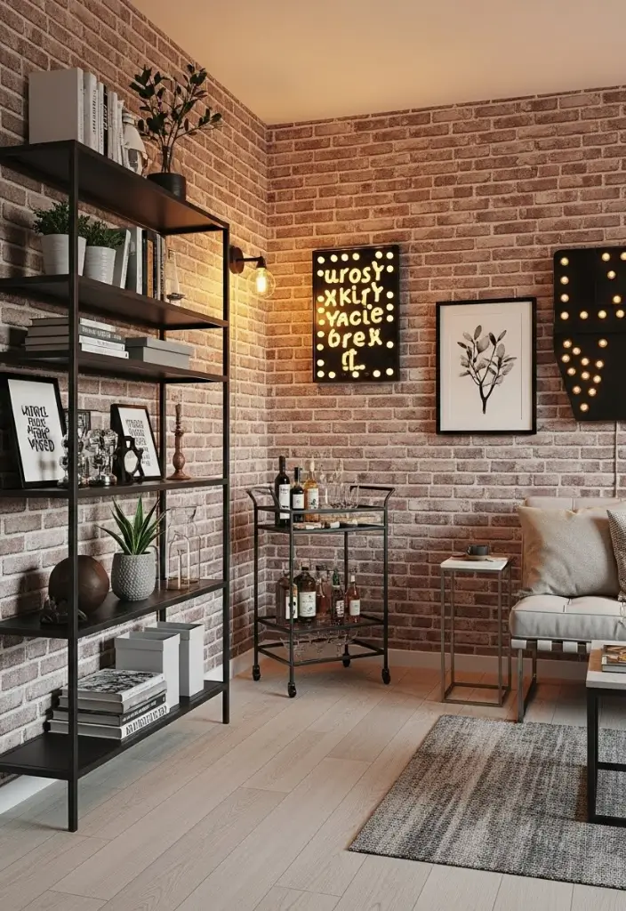 Small NYC-style apartment with faux brick wall, black shelves, bar cart, and playful LED sign.
