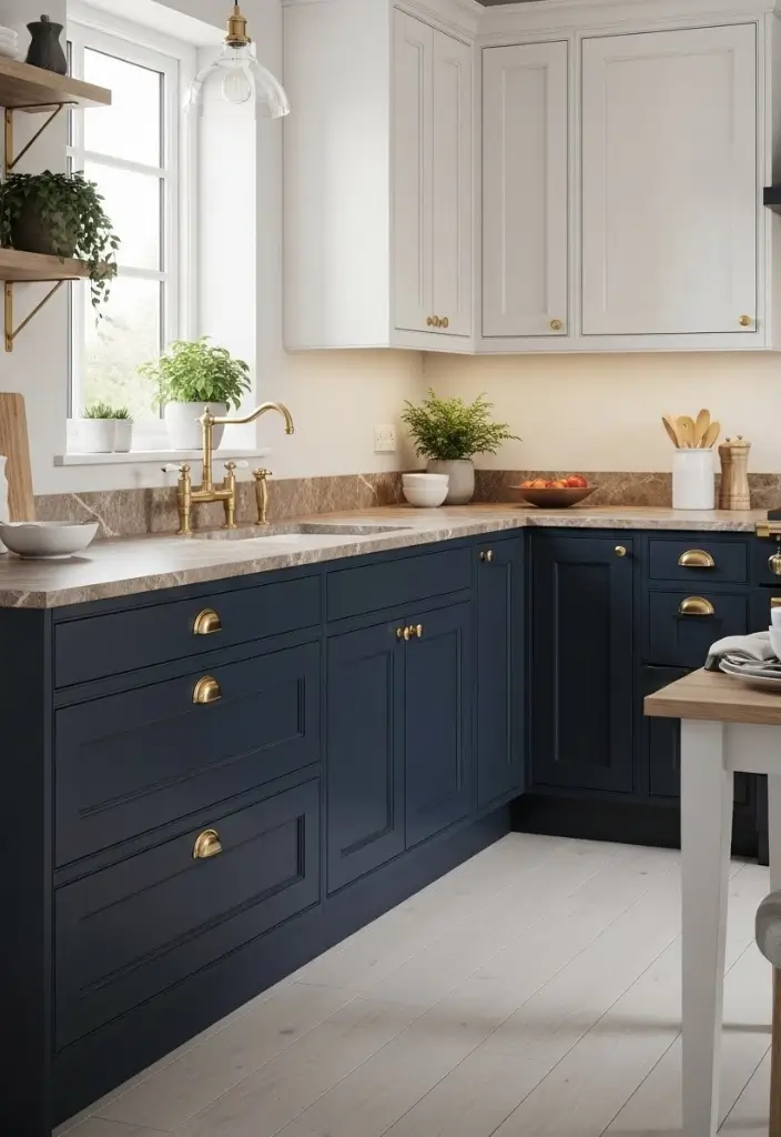 “Navy blue lower cabinets, white uppers, brass hardware, warm marble counters, white oak floors.”