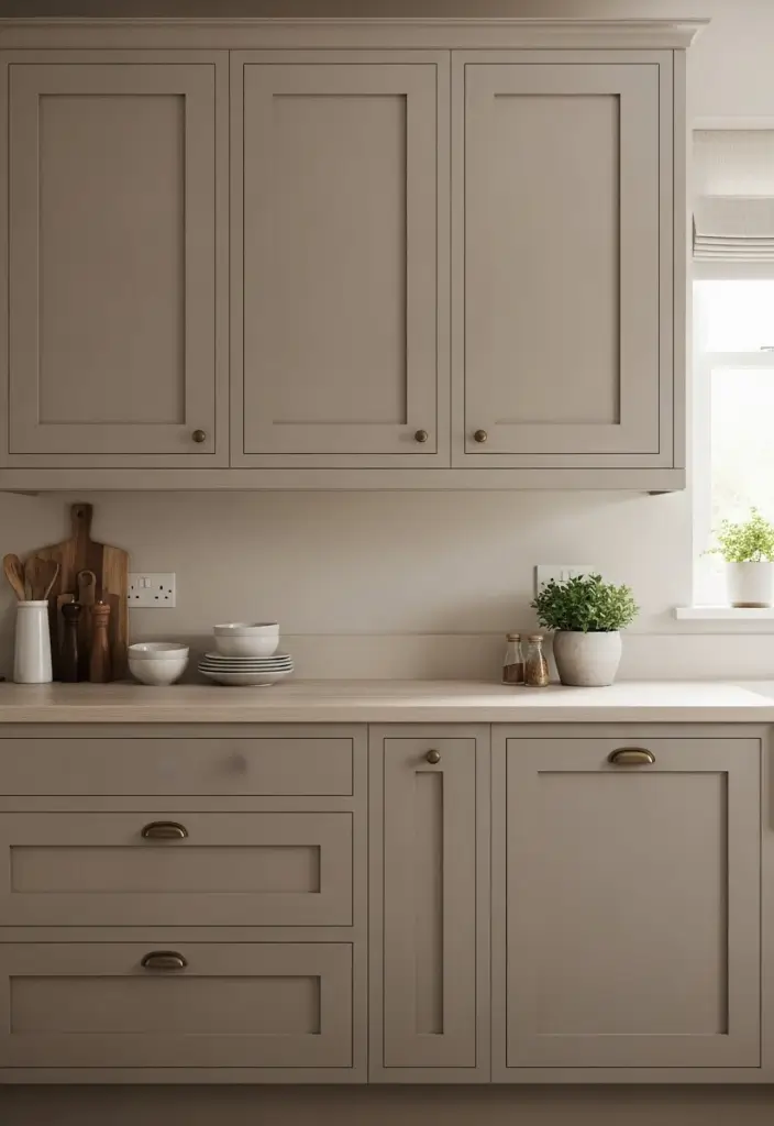 “Neutral kitchen with warm greige and taupe cabinets, brass or black hardware, light countertops.”