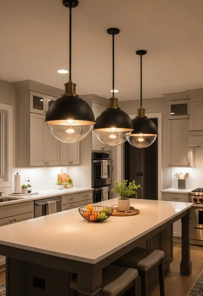 Kitchen island with two large matte black or brass pendants, dimmable bulbs, and minimal décor.