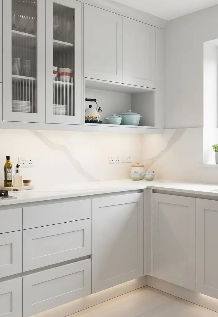 “All-white modern kitchen with matte and glossy cabinets, marble counters, reeded glass, color pop.”