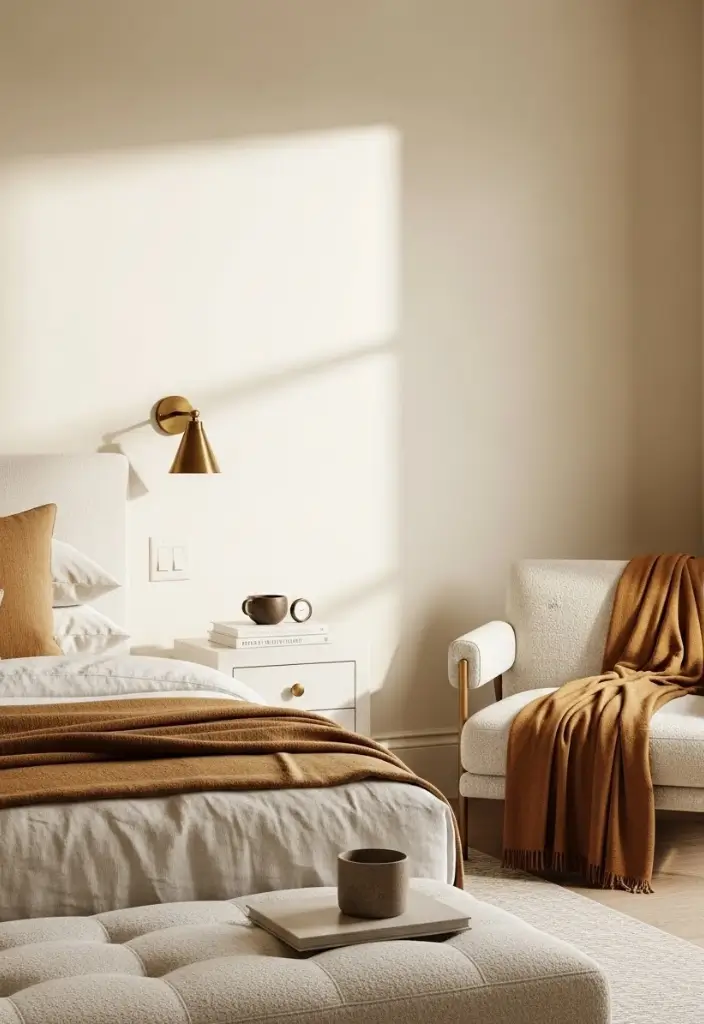 “Vintage bedroom with ivory, camel, brass accents, linen and wool textures, minimal décor, calm vibe.”