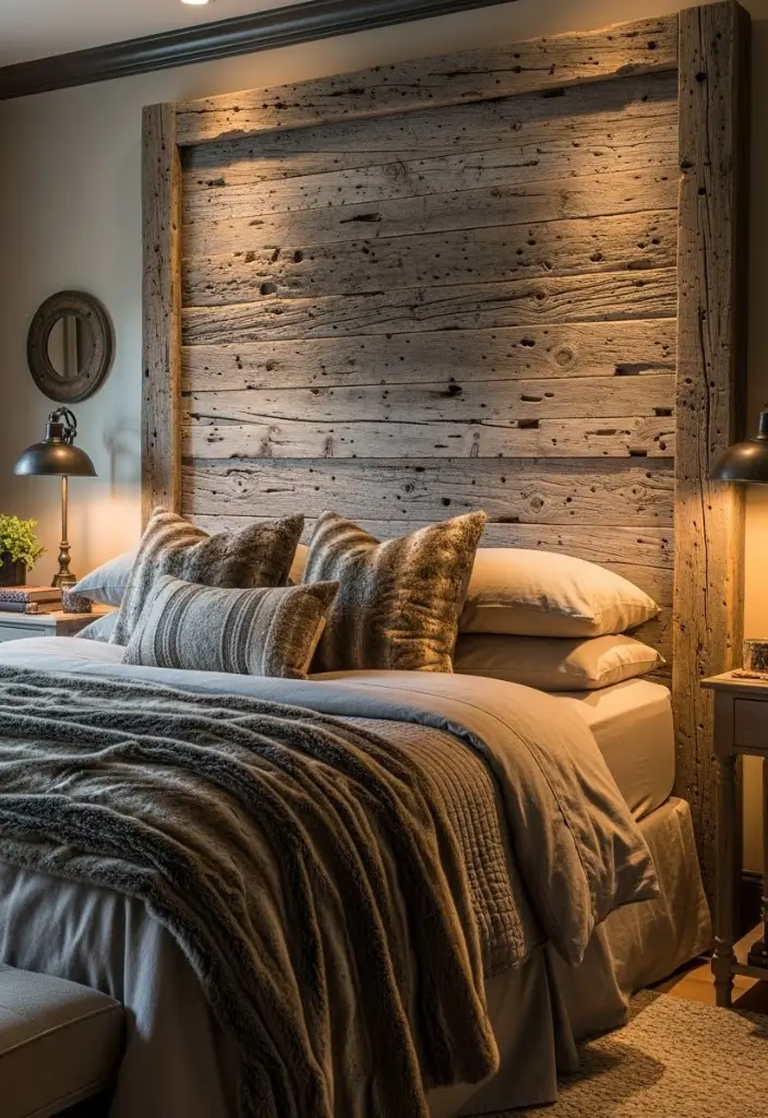 Cozy bedroom with tall reclaimed wood headboard, faux fur throws, and rustic western-style accents.