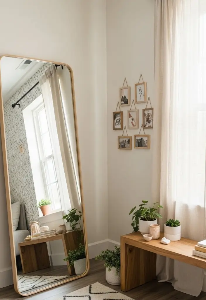 “Apartment corner with leaning mirror, removable wallpaper, tension curtains, command-strip gallery.”