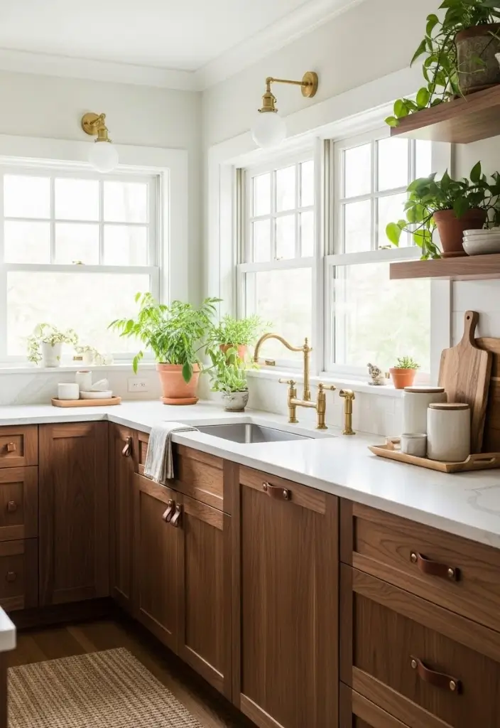 Walnut kitchen cabinets with leather pulls, cream walls, brass accents, natural light, and cozy vibe.