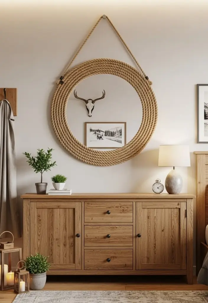 Round mirror with layered jute rope frame above wooden dresser, adding rustic western DIY charm.