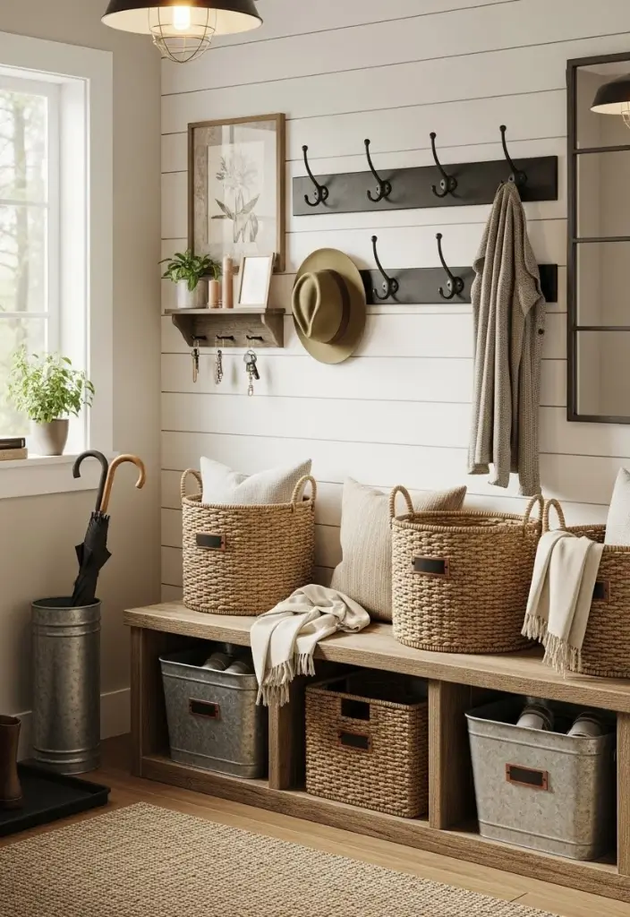 Rustic mudroom with shiplap wall, barn-wood bench, woven baskets, iron hooks, and warm schoolhouse light.