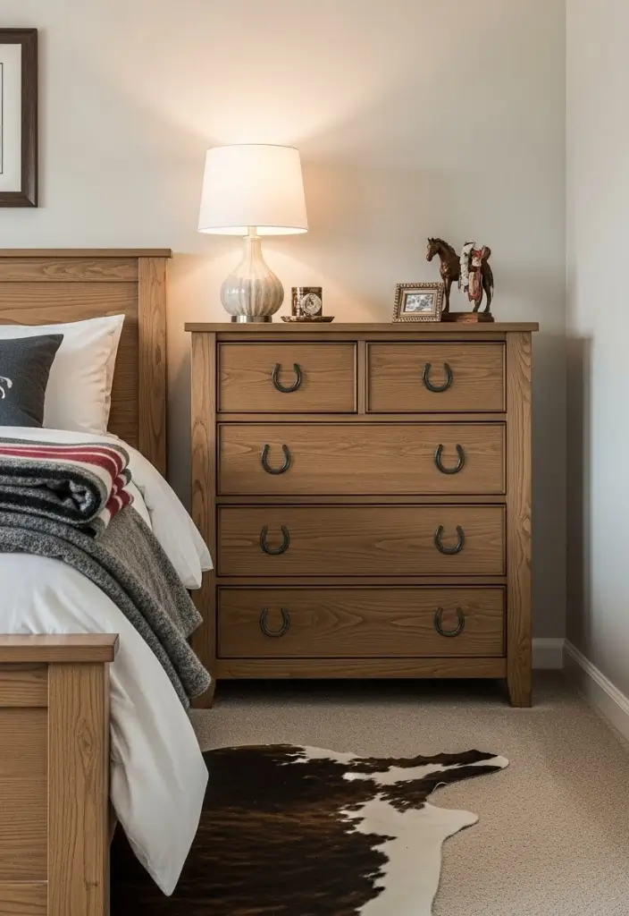 Western bedroom with horseshoe drawer pulls, wool blanket, cowhide rug, and cozy rustic weekend refresh.