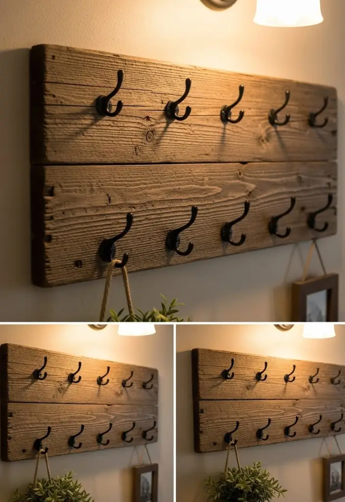 Rustic wooden key rack with distressed wood and black hooks styled in a warm farmhouse entryway.
